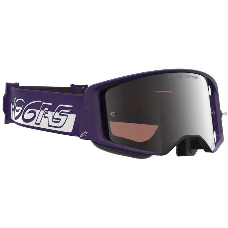 Мотокрос очила Alpinestars Supertech Vision Hunta96 XXV, лилаво-бели с огледално-сребрист плексиглас