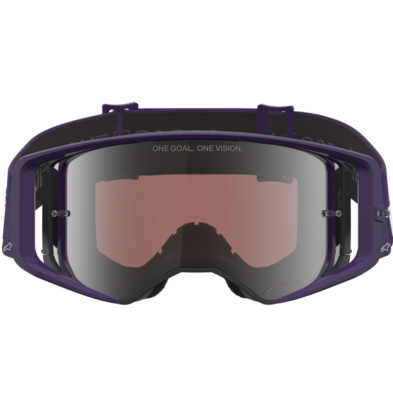 Мотокрос очила Alpinestars Supertech Vision Hunta96 XXV, лилаво-бели с огледално-сребрист плексиглас