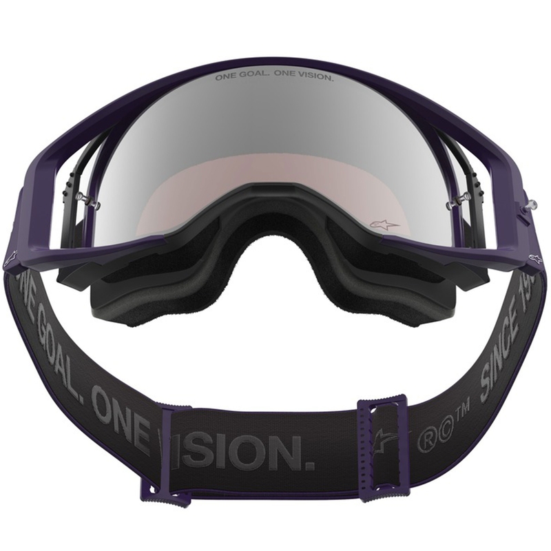 Мотокрос очила Alpinestars Supertech Vision Hunta96 XXV, лилаво-бели с огледално-сребрист плексиглас