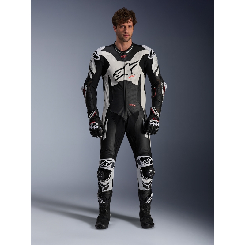Кожен костюм Alpinestars GP Plus V4 Sprint, съвместим с Tech-Air, черно-бяло-червено флуоресцентно