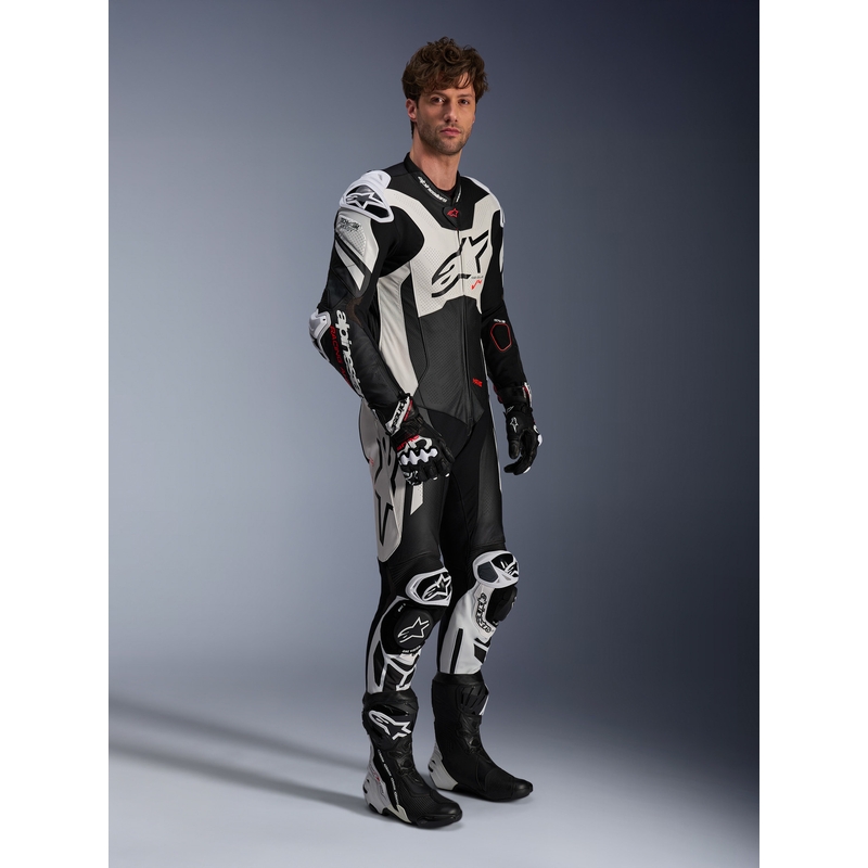 Кожен костюм Alpinestars GP Plus V4 Sprint, съвместим с Tech-Air, черно-бяло-червено флуоресцентно
