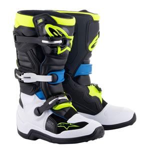 Детски мотоциклетни ботуши Alpinestars Tech 7 S, черно-бяло-флуоресцентно жълто-синьо