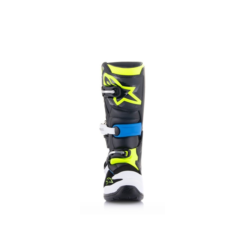 Детски мотоциклетни ботуши Alpinestars Tech 7 S, черно-бяло-флуоресцентно жълто-синьо