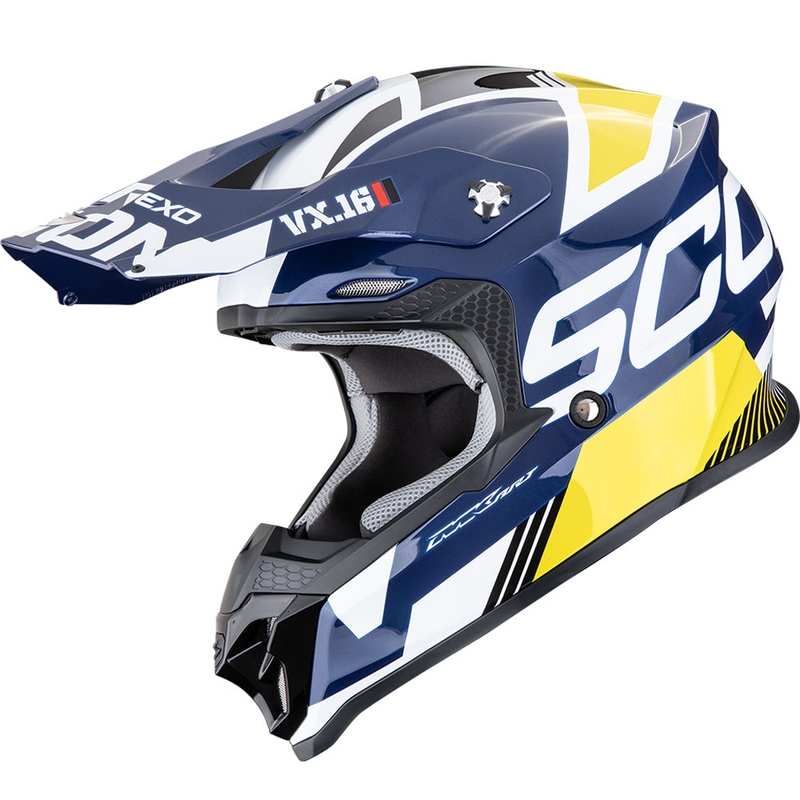 Каска за мотокрос Scorpion VX-16 EVO Air Analog, бяло-синьо-жълта