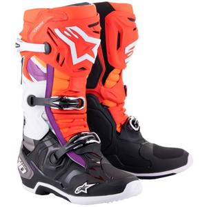 Alpinestars Tech 10 оранжево-жълто-лилаво-бяло-черни мотоциклетни ботуши