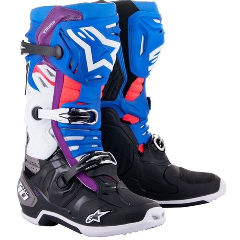 Alpinestars Tech 10 Supervented Перфорирани синьо-лилаво-розово-бяло-сиво-черни мотоциклетни ботуши