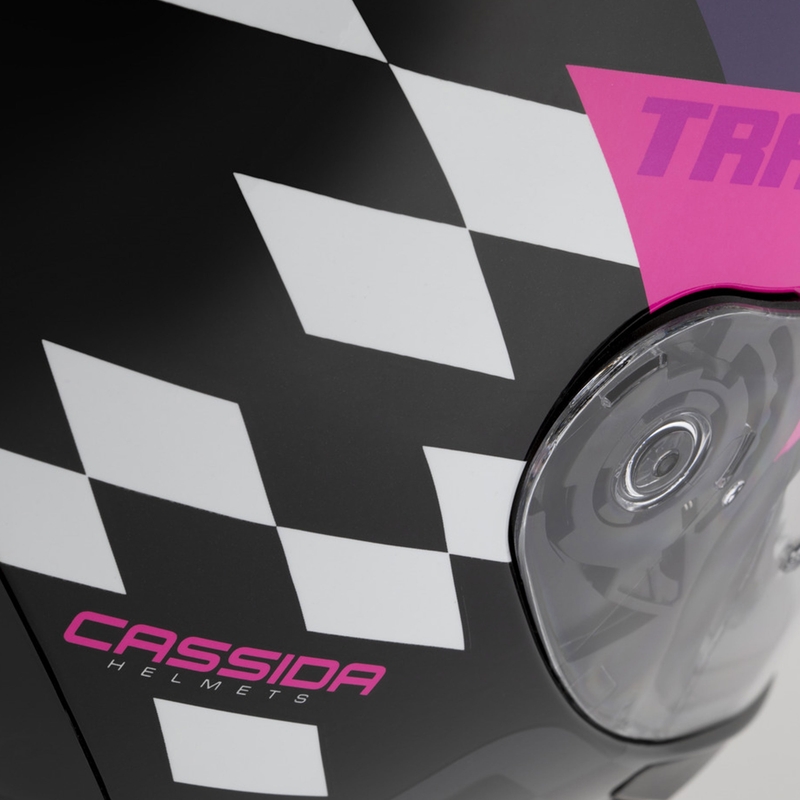 Cassida Orbit Track каска за мотоциклет с пълно лице, черно-розово-лилаво-флуоресцентно жълто-бяло