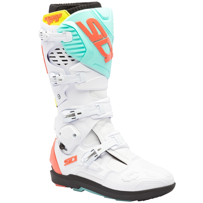 Мотоциклетни ботуши SiDi Crossfire 3 SRS бяло-флуоресцентно ментово-флуоресцентно коралово