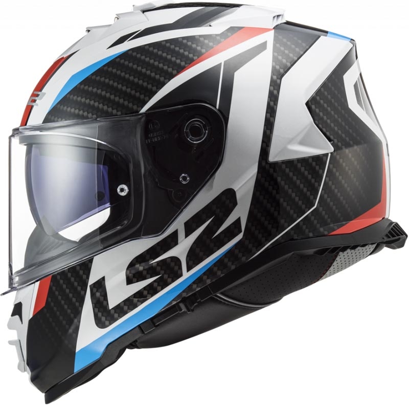 Мотоциклетна каска с пълно лице LS2 FF800 Storm II Racer, бяло-черно-червено-синьо
