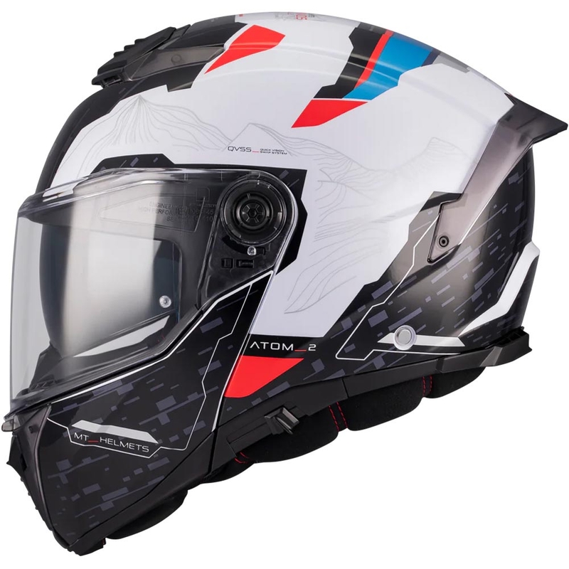 Мото каска MT Atom 2 SV Highlands A7 с отваряща се дръжка, черно-бяло-синьо-червено
