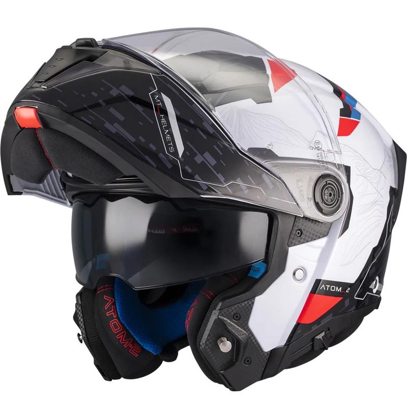 Мото каска MT Atom 2 SV Highlands A7 с отваряща се дръжка, черно-бяло-синьо-червено