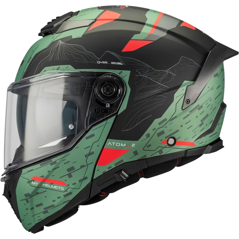 Мото каска MT Atom 2 SV Highlands C6 с отваряща се дръжка, матово зелено-черно-червено