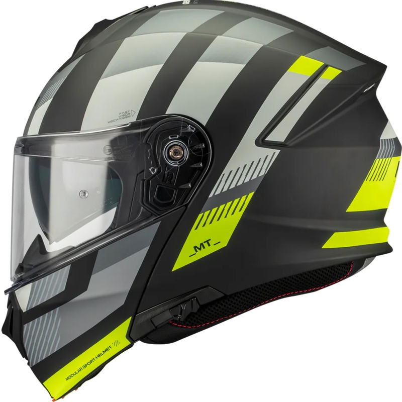 Каска за мотоциклет MT Genesis SV Stroke B13 с отваряща се конструкция, матово черно-сиво-флуоресцентно жълто