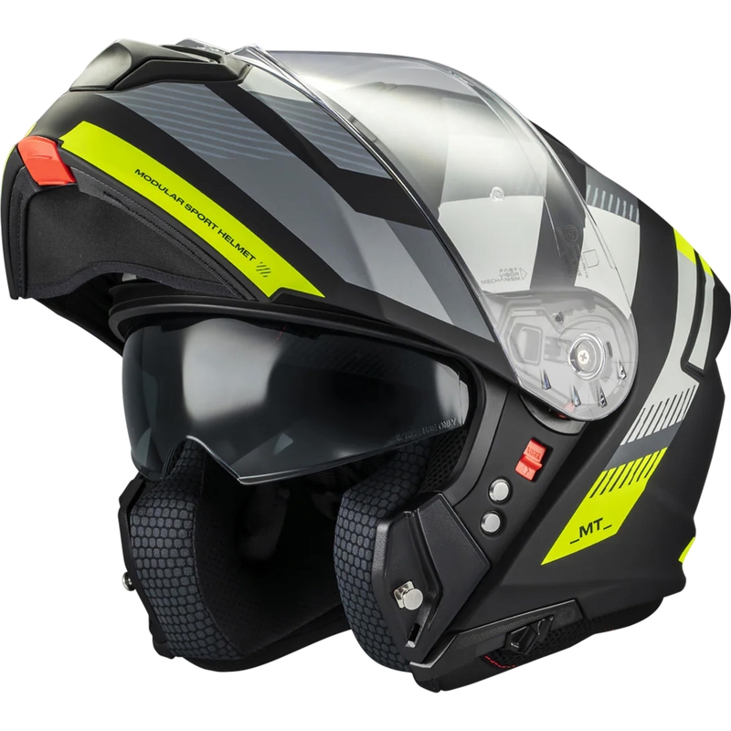 Каска за мотоциклет MT Genesis SV Stroke B13 с отваряща се конструкция, матово черно-сиво-флуоресцентно жълто