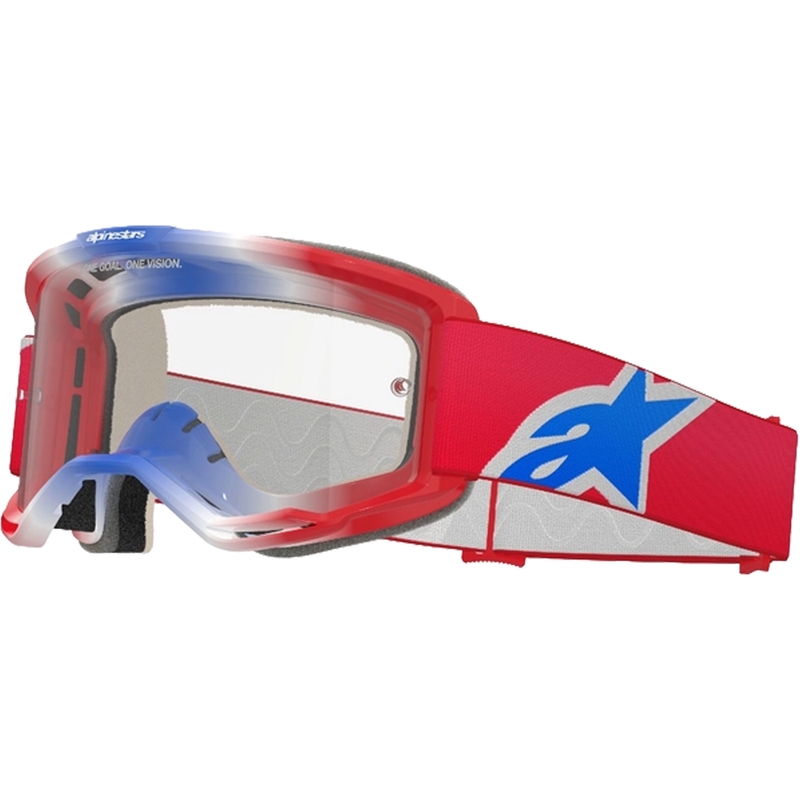 Очила за мотокрос Alpinestars Vision 5 Corp в червено, бяло и синьо с прозрачни стъкла
