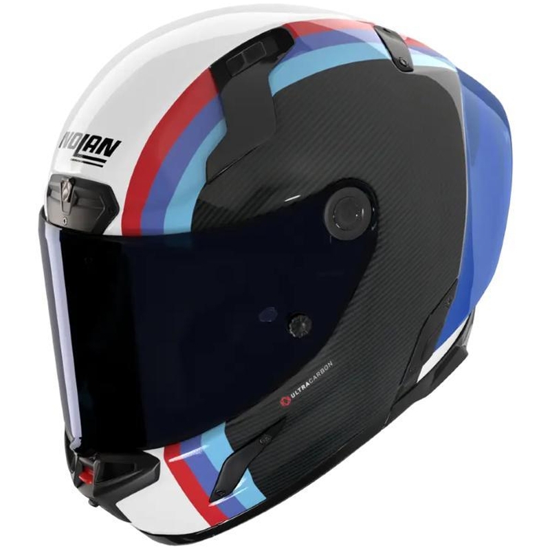 Мото каска за цял нос Nolan X-804 RS Ultra Carbon Gemini 365, лъскава, сиво-бяло-синьо-червена