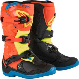 Alpinestars Tech 3S Youth оранжево-флуо-синьо-флуо-жълто-черни детски ботуши за мотоциклет