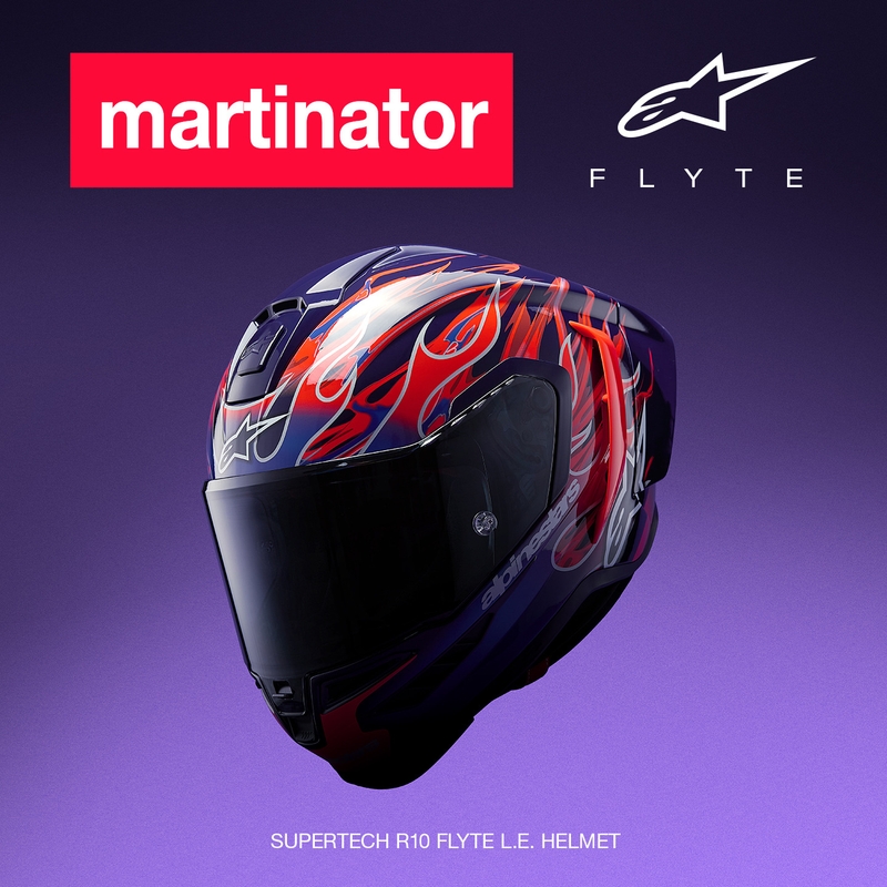 Alpinestars Supertech R-10 Flyte мотоциклетна каска с пълно лице, лимитирана серия Jorge Martin, лилаво-червена