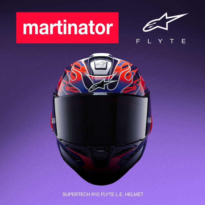 Alpinestars Supertech R-10 Flyte мотоциклетна каска с пълно лице, лимитирана серия Jorge Martin, лилаво-червена