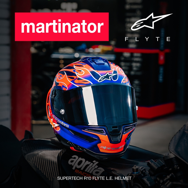 Alpinestars Supertech R-10 Flyte мотоциклетна каска с пълно лице, лимитирана серия Jorge Martin, лилаво-червена