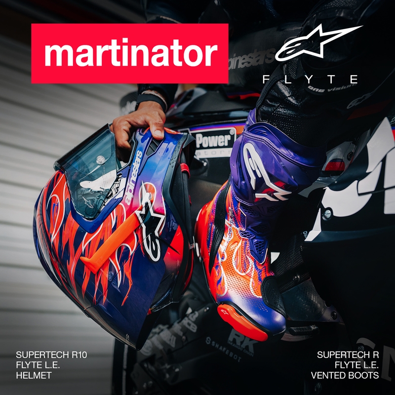 Alpinestars Supertech R-10 Flyte мотоциклетна каска с пълно лице, лимитирана серия Jorge Martin, лилаво-червена