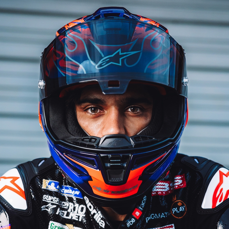 Alpinestars Supertech R-10 Flyte мотоциклетна каска с пълно лице, лимитирана серия Jorge Martin, лилаво-червена