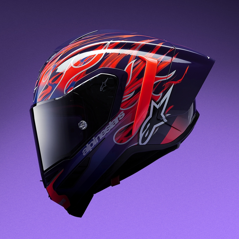 Alpinestars Supertech R-10 Flyte мотоциклетна каска с пълно лице, лимитирана серия Jorge Martin, лилаво-червена