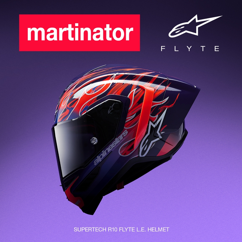 Alpinestars Supertech R-10 Flyte мотоциклетна каска с пълно лице, лимитирана серия Jorge Martin, лилаво-червена
