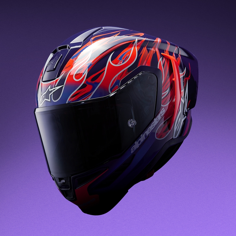 Alpinestars Supertech R-10 Flyte мотоциклетна каска с пълно лице, лимитирана серия Jorge Martin, лилаво-червена
