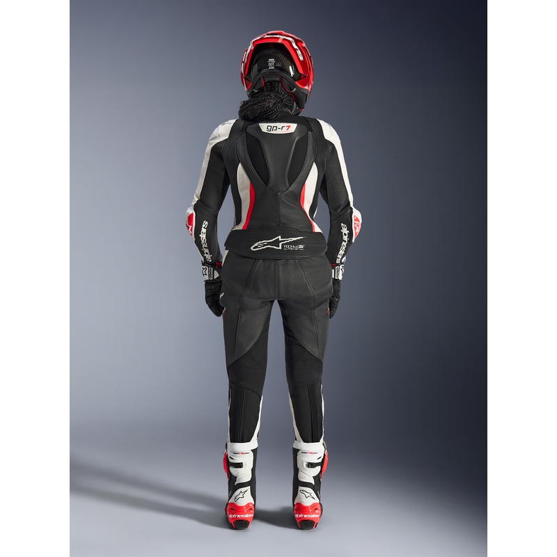 Дамски двукомпонентен кожен мотоциклетен костюм Alpinestars Stella GP-R7 черно-бяло-флуоресцентно червено
