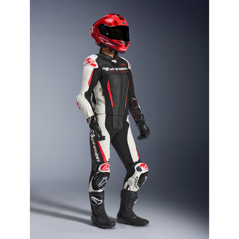 Дамски двукомпонентен кожен мотоциклетен костюм Alpinestars Stella GP-R7 черно-бяло-флуоресцентно червено