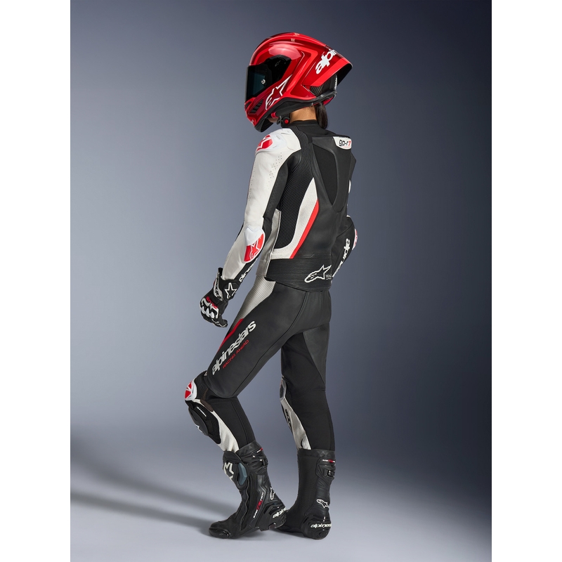 Дамски двукомпонентен кожен мотоциклетен костюм Alpinestars Stella GP-R7 черно-бяло-флуоресцентно червено