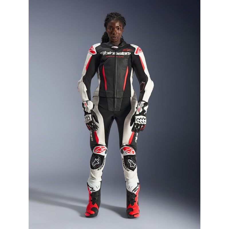 Дамски двукомпонентен кожен мотоциклетен костюм Alpinestars Stella GP-R7 черно-бяло-флуоресцентно червено