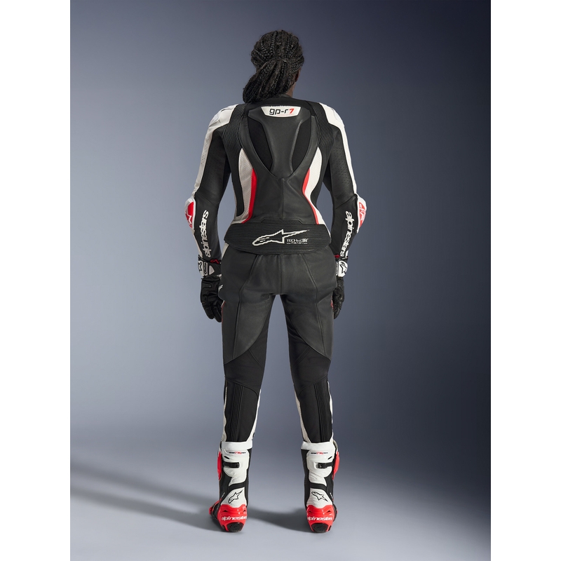 Дамски двукомпонентен кожен мотоциклетен костюм Alpinestars Stella GP-R7 черно-бяло-флуоресцентно червено