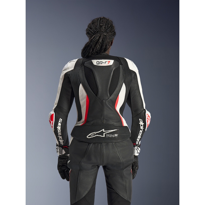 Дамски двукомпонентен кожен мотоциклетен костюм Alpinestars Stella GP-R7 черно-бяло-флуоресцентно червено