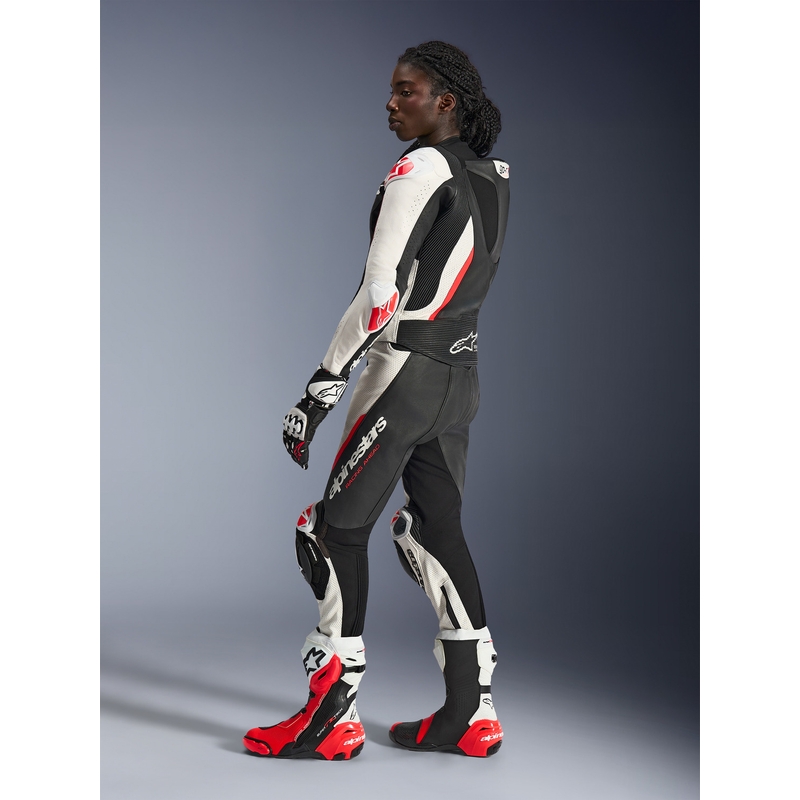Дамски двукомпонентен кожен мотоциклетен костюм Alpinestars Stella GP-R7 черно-бяло-флуоресцентно червено