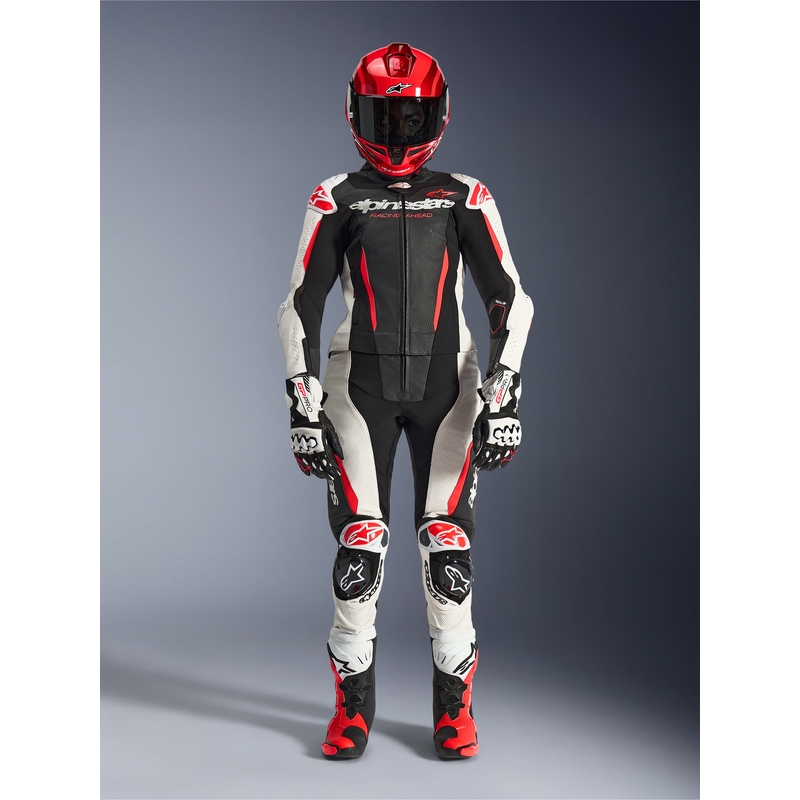 Дамски двукомпонентен кожен мотоциклетен костюм Alpinestars Stella GP-R7 черно-бяло-флуоресцентно червено
