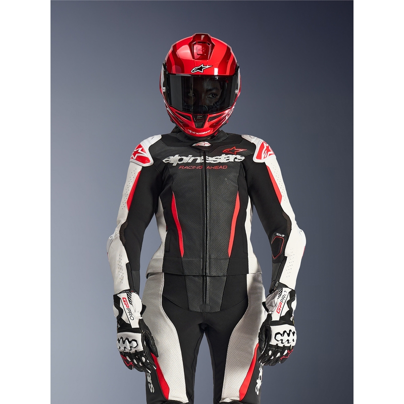Дамски двукомпонентен кожен мотоциклетен костюм Alpinestars Stella GP-R7 черно-бяло-флуоресцентно червено