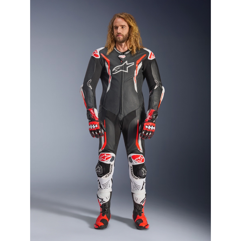 Кожен мотоциклетен костюм Alpinestars GP TECH V5, черно-бяло-флуоресцентно червено