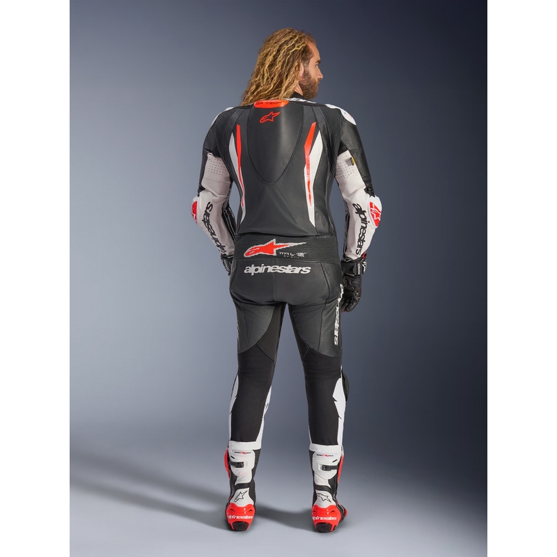 Кожен мотоциклетен костюм Alpinestars GP TECH V5, черно-бяло-флуоресцентно червено