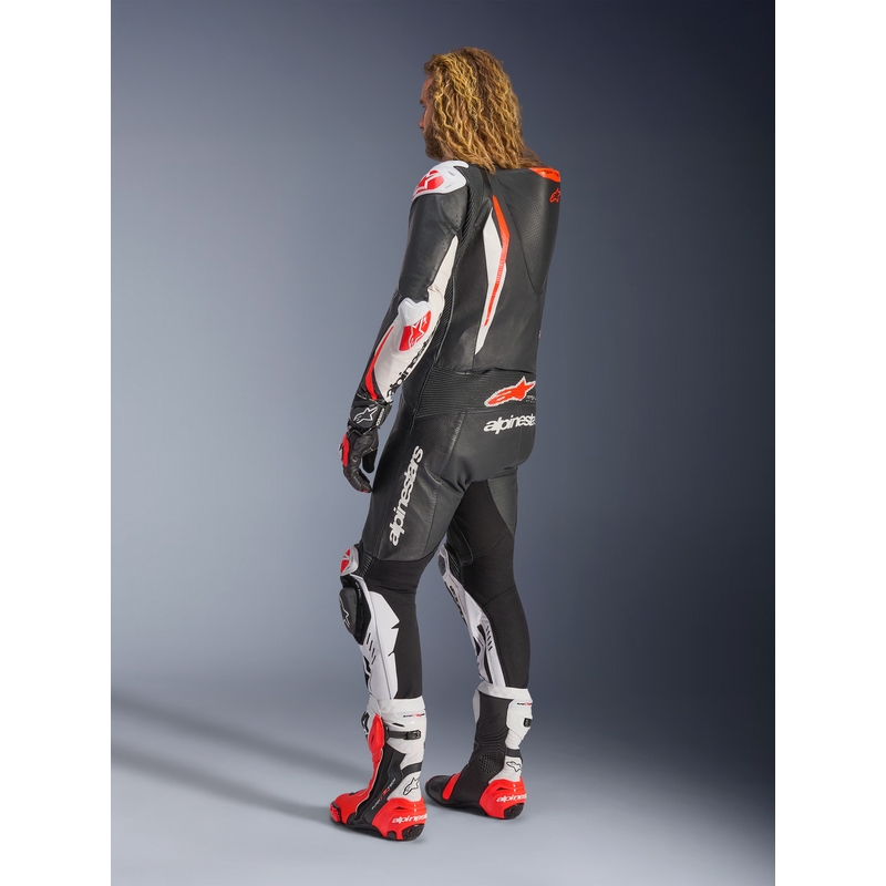 Кожен мотоциклетен костюм Alpinestars GP TECH V5, черно-бяло-флуоресцентно червено