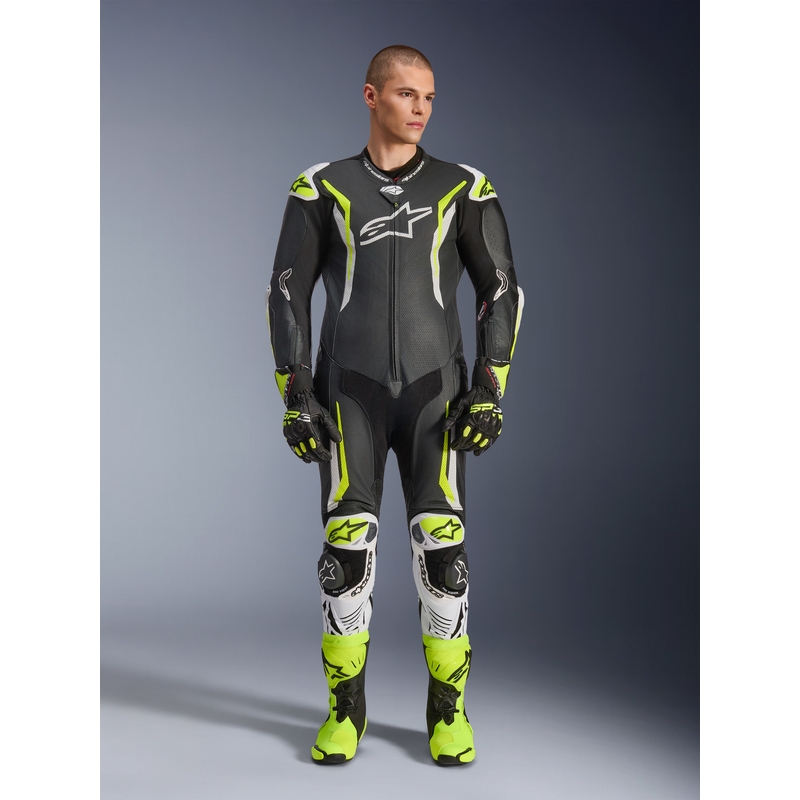 Кожен мотоциклетен костюм Alpinestars GP TECH V5, черно-бяло-флуоресцентно жълто
