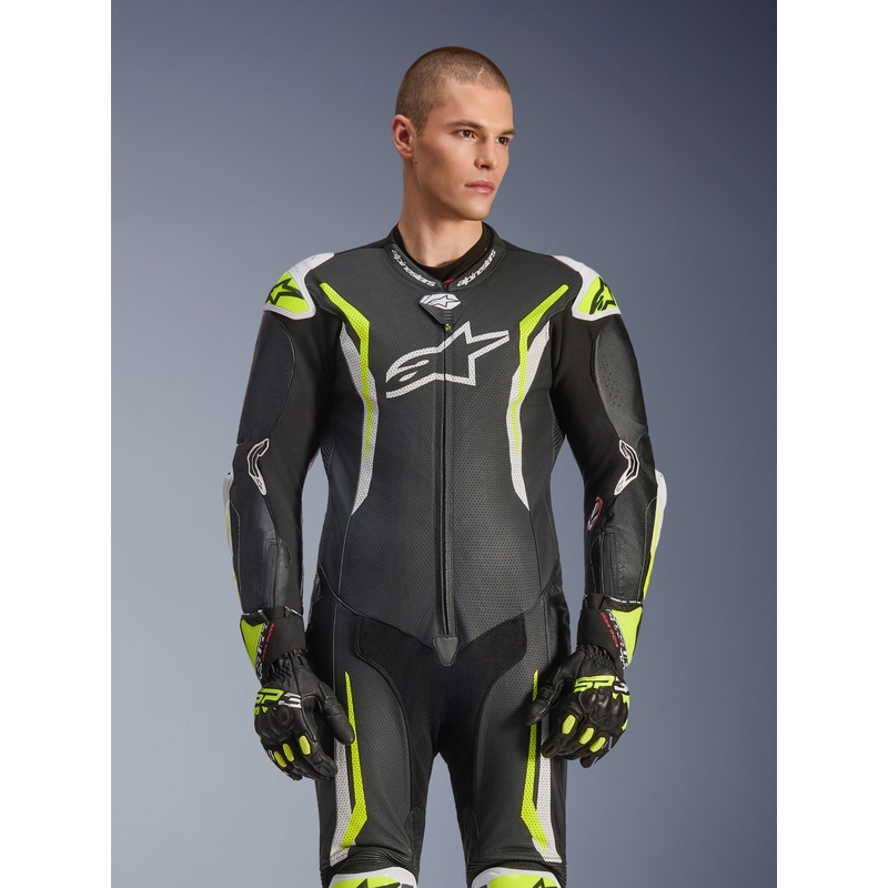 Кожен мотоциклетен костюм Alpinestars GP TECH V5, черно-бяло-флуоресцентно жълто