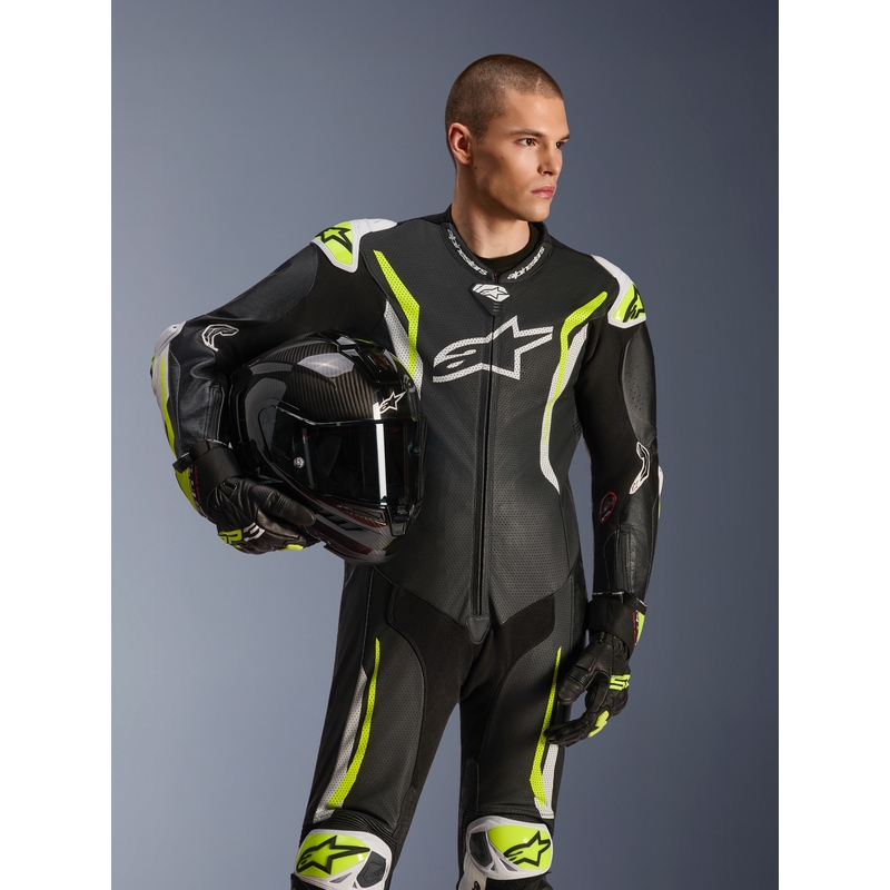 Кожен мотоциклетен костюм Alpinestars GP TECH V5, черно-бяло-флуоресцентно жълто