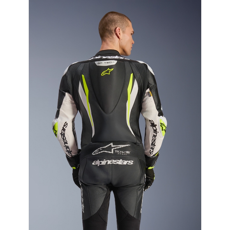 Кожен мотоциклетен костюм Alpinestars GP TECH V5, черно-бяло-флуоресцентно жълто