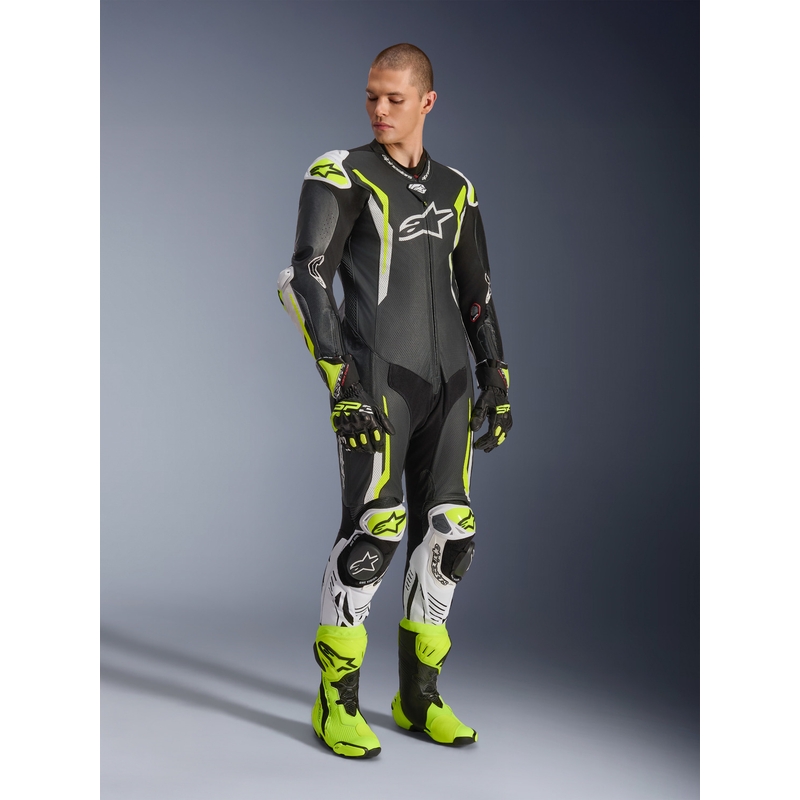 Кожен мотоциклетен костюм Alpinestars GP TECH V5, черно-бяло-флуоресцентно жълто