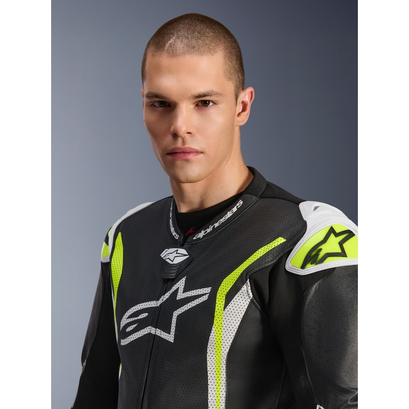 Кожен мотоциклетен костюм Alpinestars GP TECH V5, черно-бяло-флуоресцентно жълто