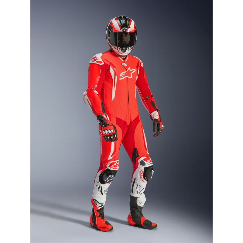 Кожен костюм Alpinestars GP TECH V5, едноделен, флуоресцентно червено-червено-бял