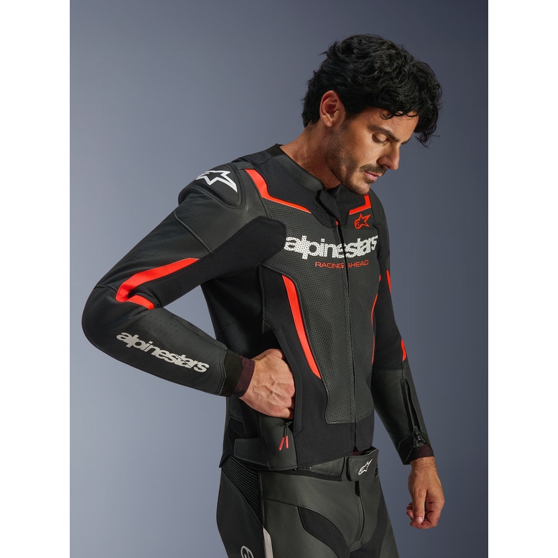 Кожено мотоциклетно яке Alpinestars GP Force V2 Airflow, черно-флуоресцентно червено-бяло