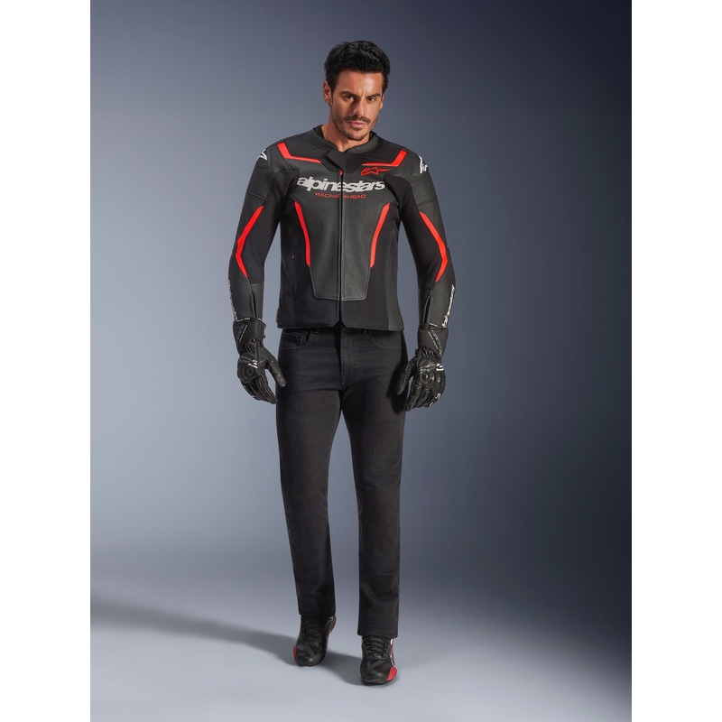 Кожено мотоциклетно яке Alpinestars GP Force V2 Airflow, черно-флуоресцентно червено-бяло